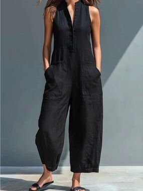 Women's Button-up Stand-collar Sleeveless Loose Jumpsuit